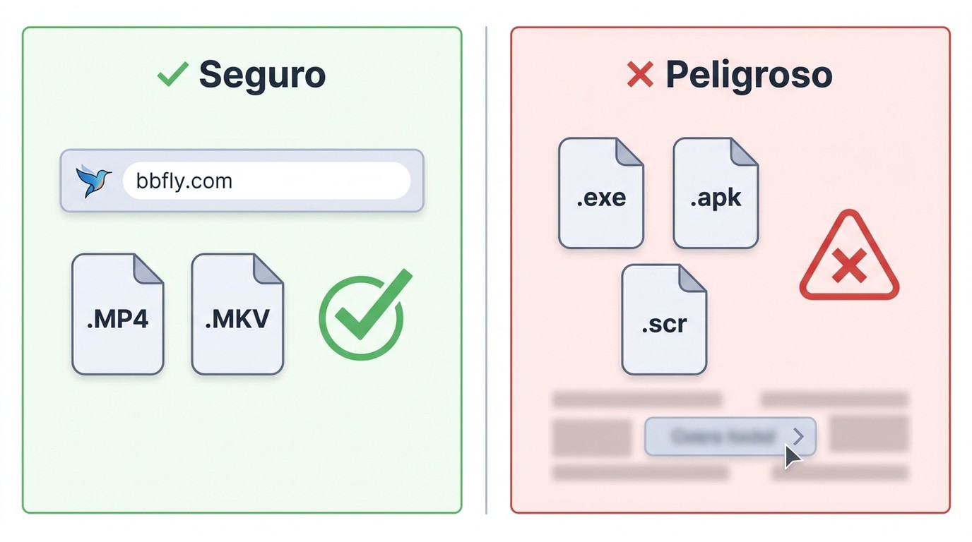 Comparación de extensiones seguras MP4 y MKV frente a archivos peligrosos exe, apk y scr al descarga