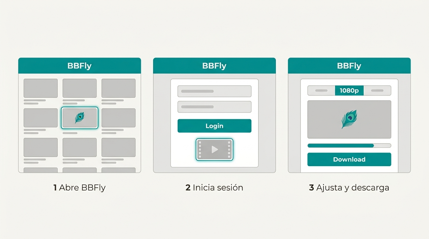 Tres pasos para descargar vídeos de Peacock con BBFly: abrir app, iniciar sesión y ajustar calidad a