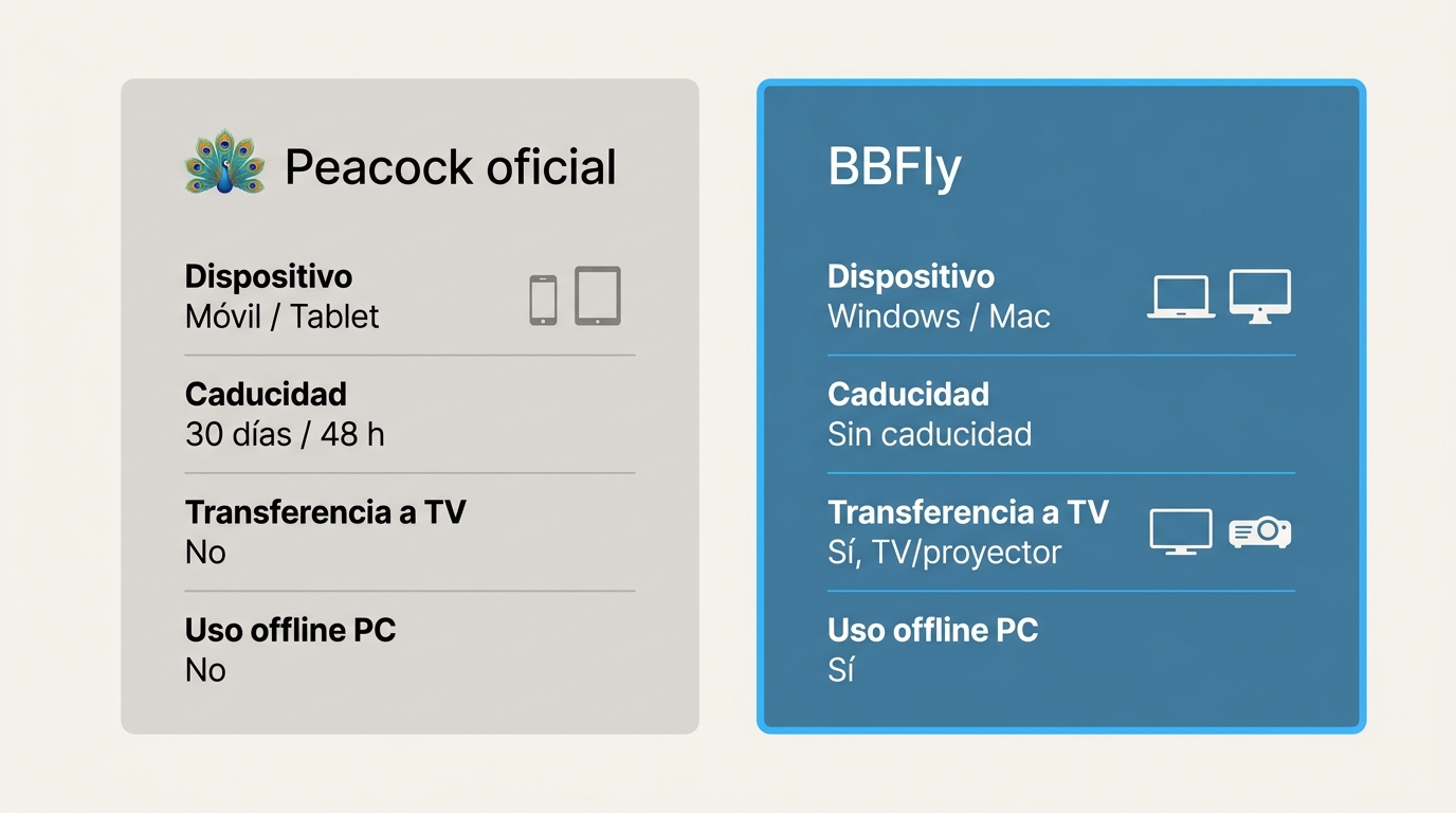 Comparación descarga oficial Peacock vs BBFly: dispositivo, caducidad, transferencia y caso de uso