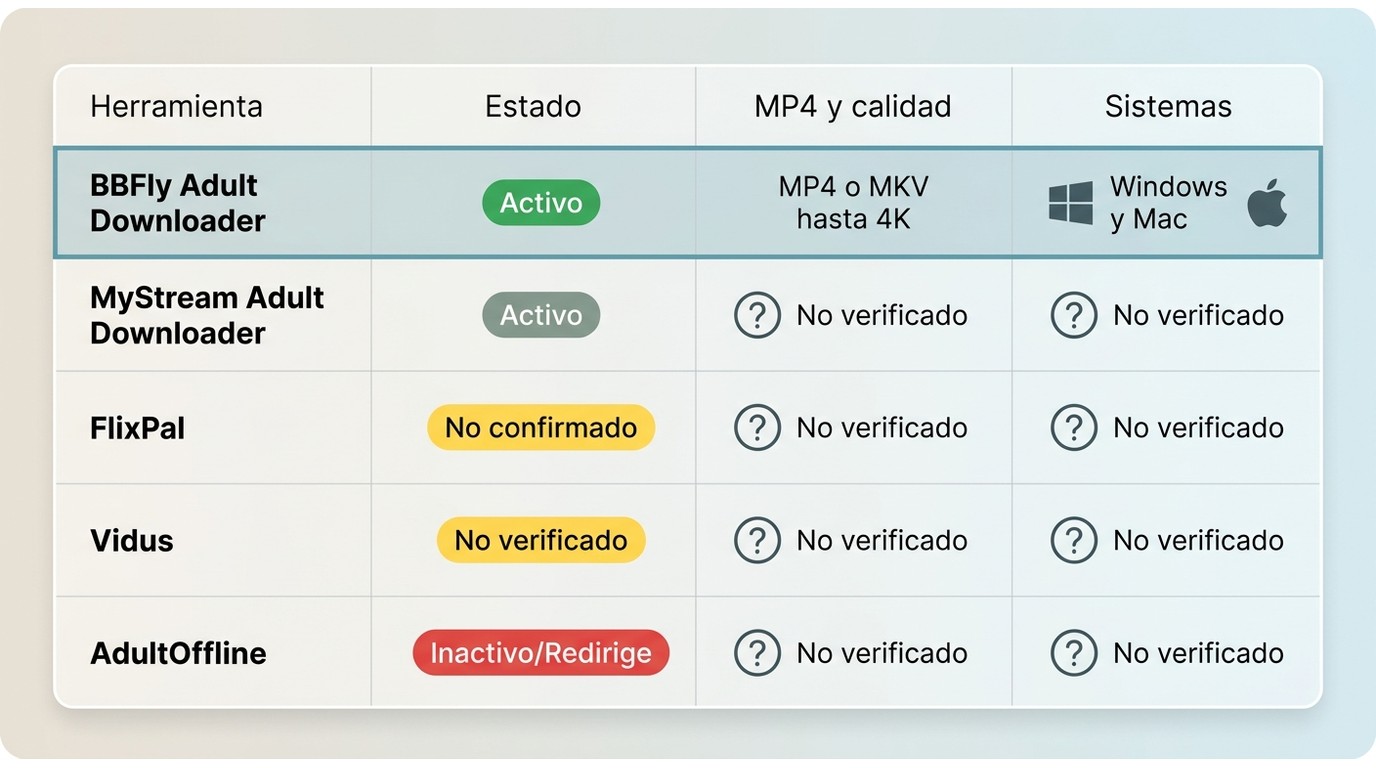 Comparativa de BBFly, MyStream, FlixPal, Vidus y AdultOffline: estado activo, formato MP4 y compatib