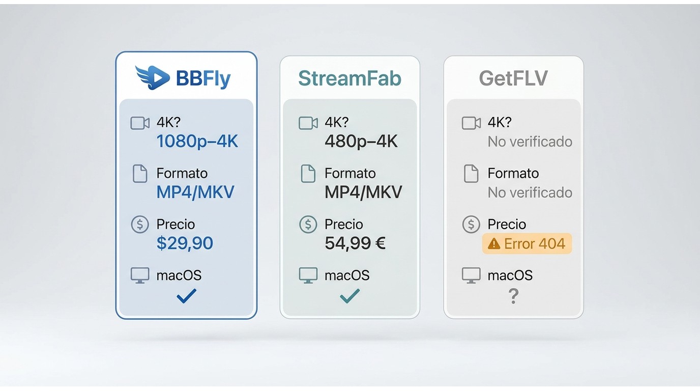 Comparación de BBFly, StreamFab y GetFLV: resolución, formato, precio mensual y compatibilidad con m