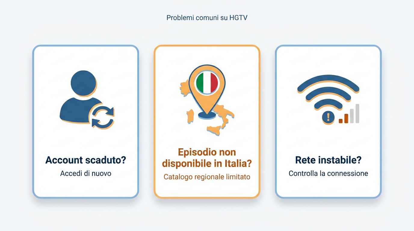 Diagramma cause errori HGTV Italia: account, regione o rete, con soluzioni per ciascun caso