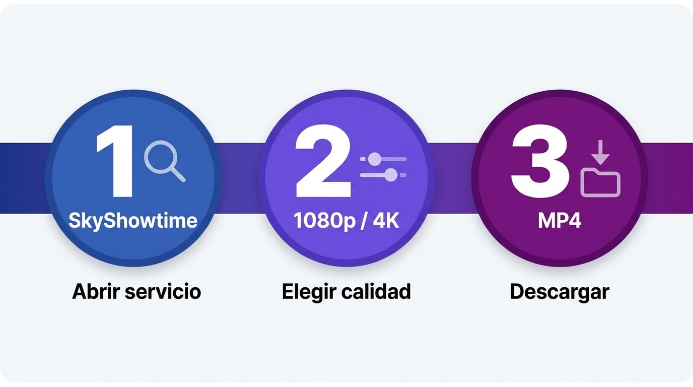 Pasos en BBFly Downloader: abrir SkyShowtime, seleccionar calidad 1080p o 4K, iniciar descarga MP4