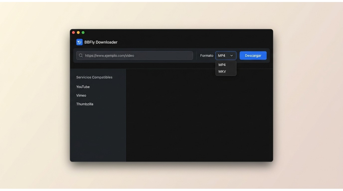 BBFly Downloader en Mac con campo de URL, selector de formato MP4/MKV y botón Descargar