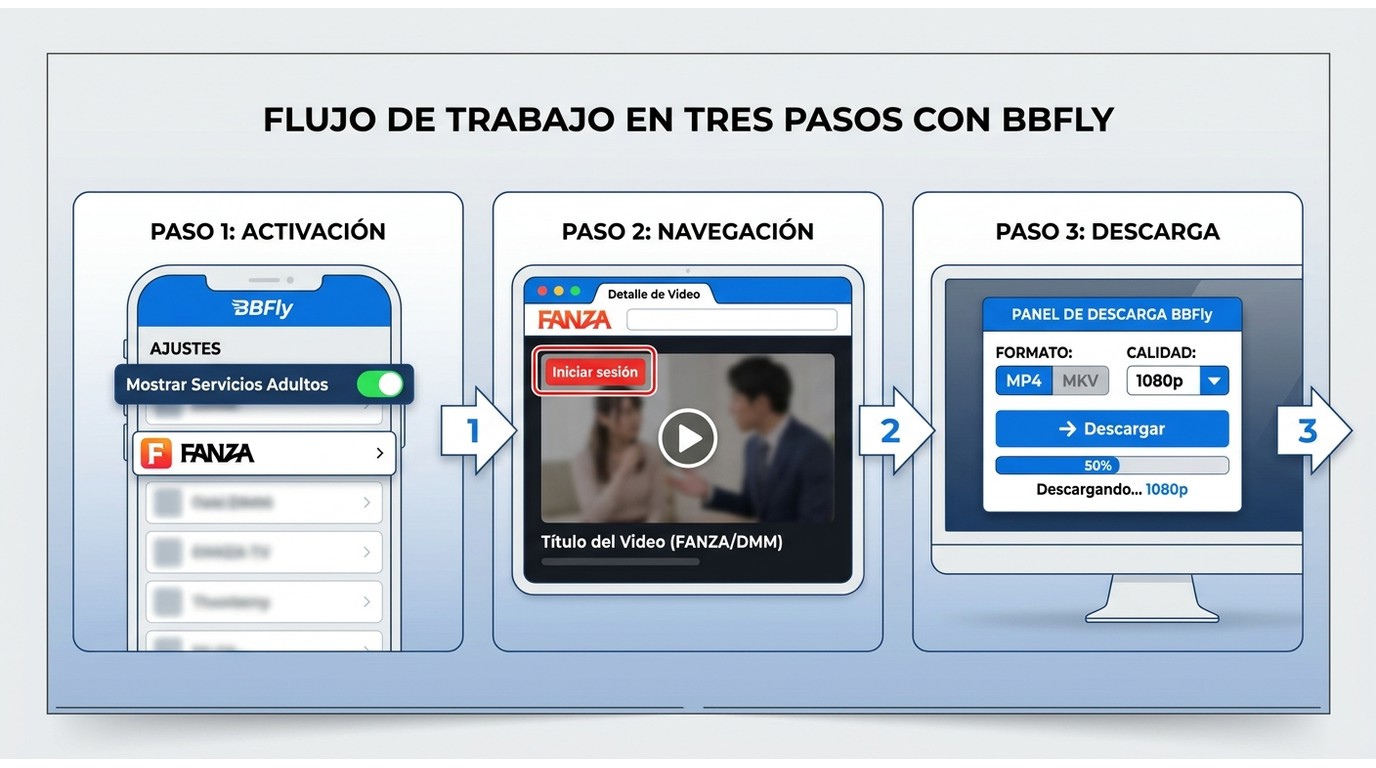 Tres pasos para descargar FANZA con BBFly: activar Adult Service, iniciar sesión en FANZA, elegir MP