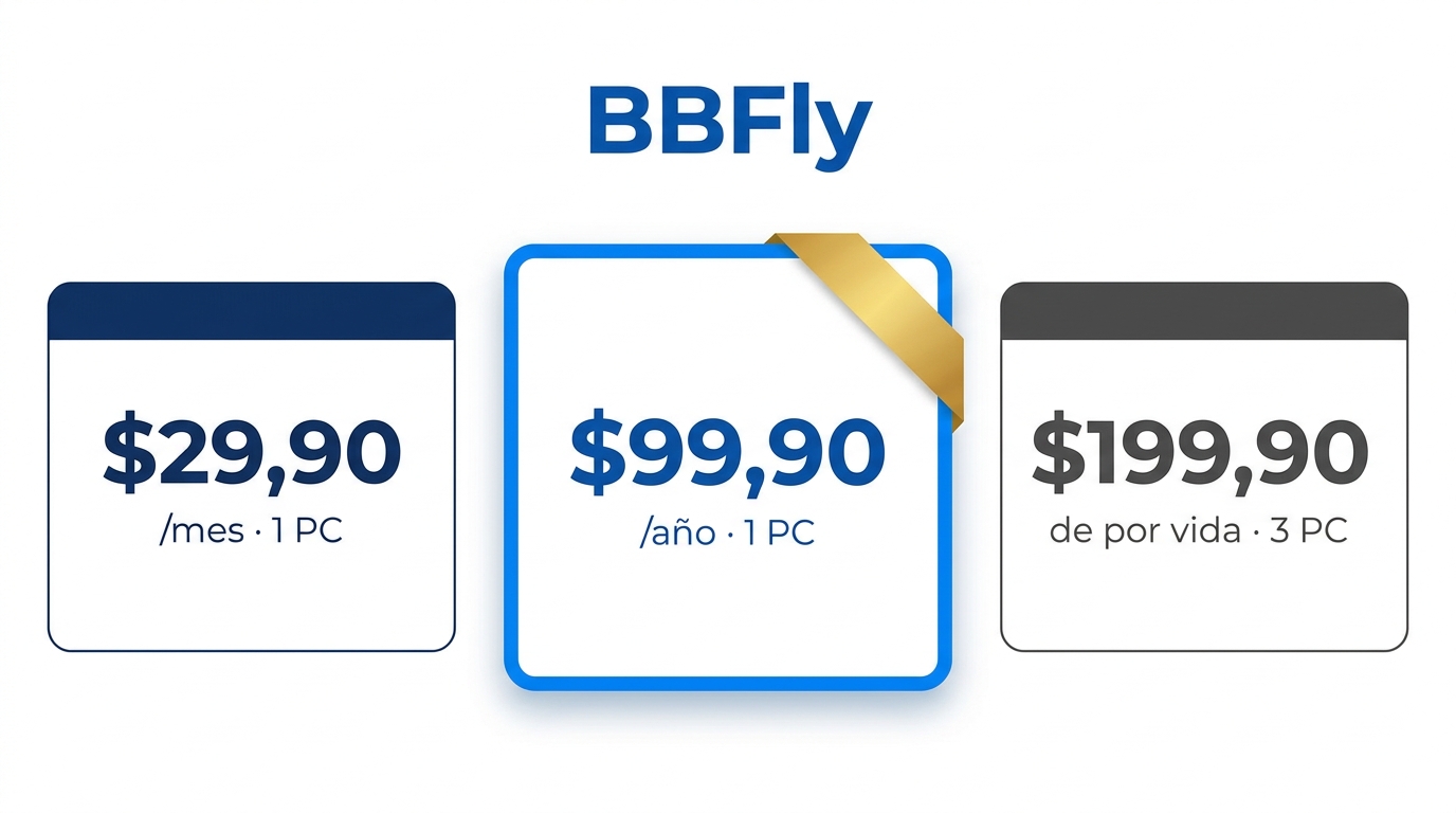 Comparación de planes BBFly: Mensual $29,90, Anual $99,90, De por vida $199,90 para hasta 3 PC