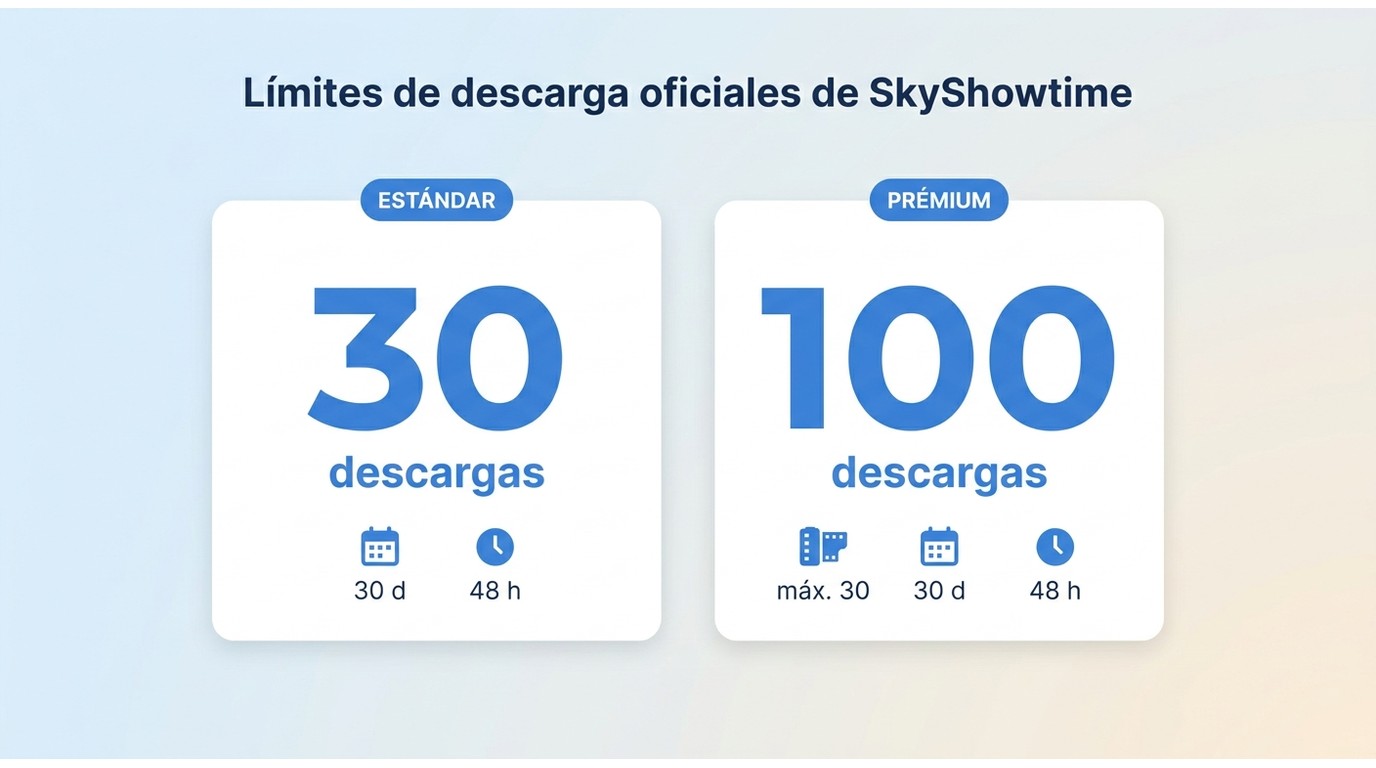 Comparación de planes SkyShowtime: Estándar 30 descargas vs Prémium 100 descargas, con caducidad de 