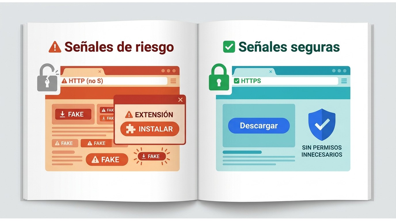 Señales de riesgo vs señales seguras al usar un descargador web: HTTP vs HTTPS, botones falsos vs de