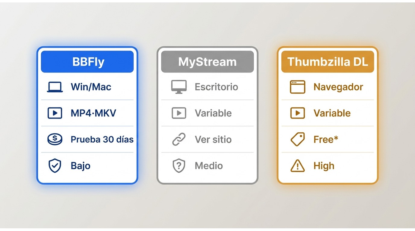 Comparación de MyStream, BBFly Downloader y Thumbzilla Download por dispositivo, formato, coste y ri
