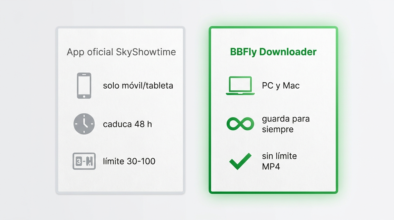 Comparación SkyShowtime app oficial vs BBFly Downloader: dispositivos, formato de salida, calidad y 