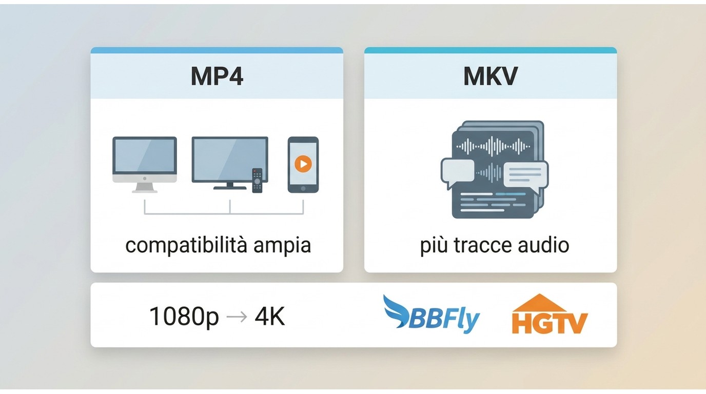 Confronto BBFly: MP4 per compatibilità ampia vs MKV per più tracce, con qualità 1080p e 4K per HGTV
