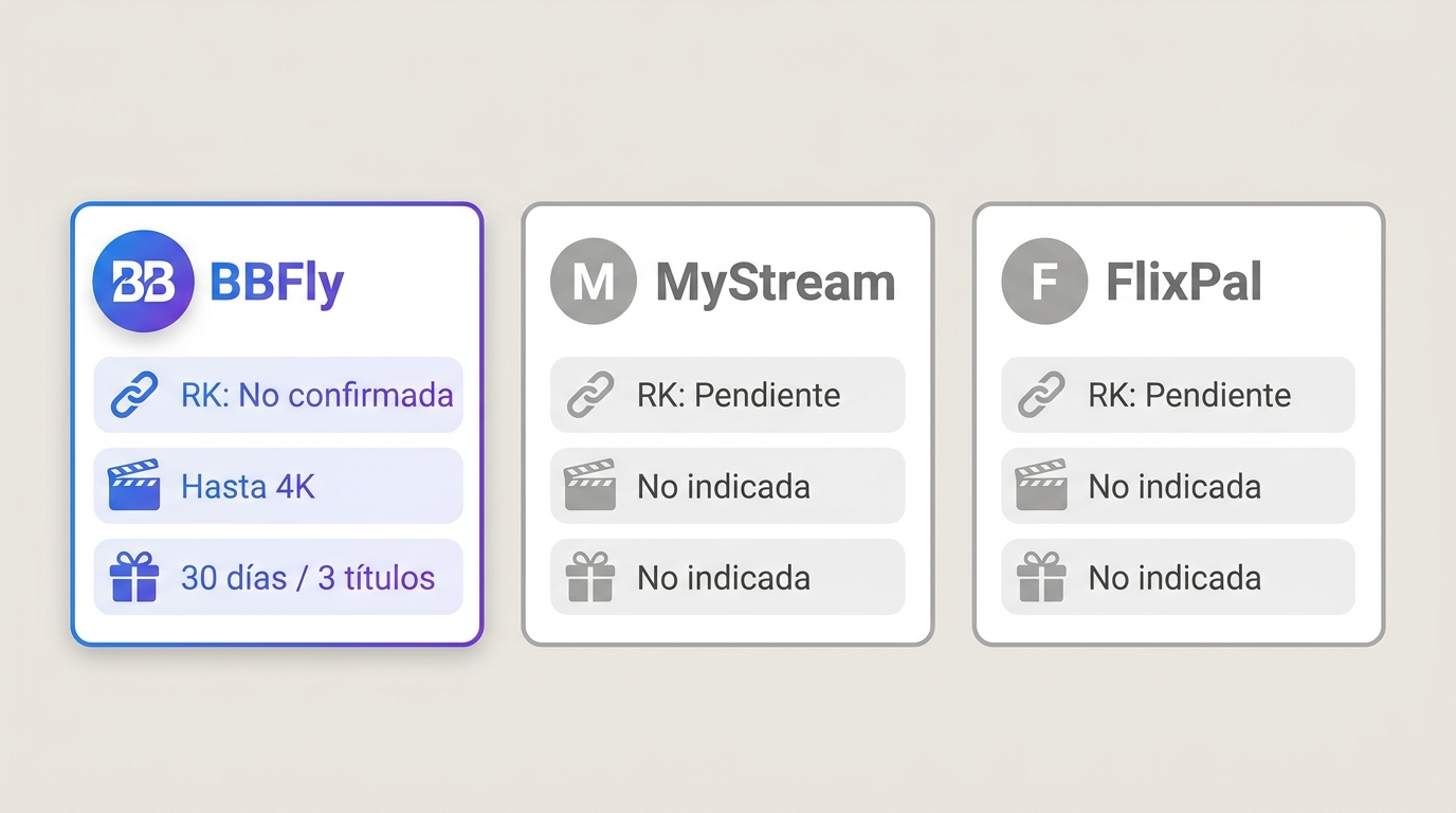 Comparativa de BBFly, MyStream y FlixPal: compatibilidad con Reality Kings, calidad máxima y condici