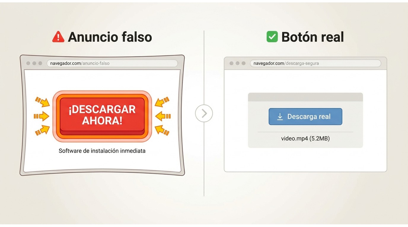 Diferencia entre anuncio falso con botón llamativo y botón de descarga real en una página web