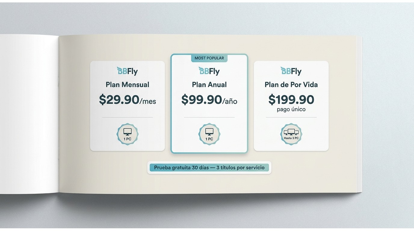 Comparación de planes BBFly 2026: Plan Mensual $29.90, Plan Anual $99.90, Plan de Por Vida $199.90 h