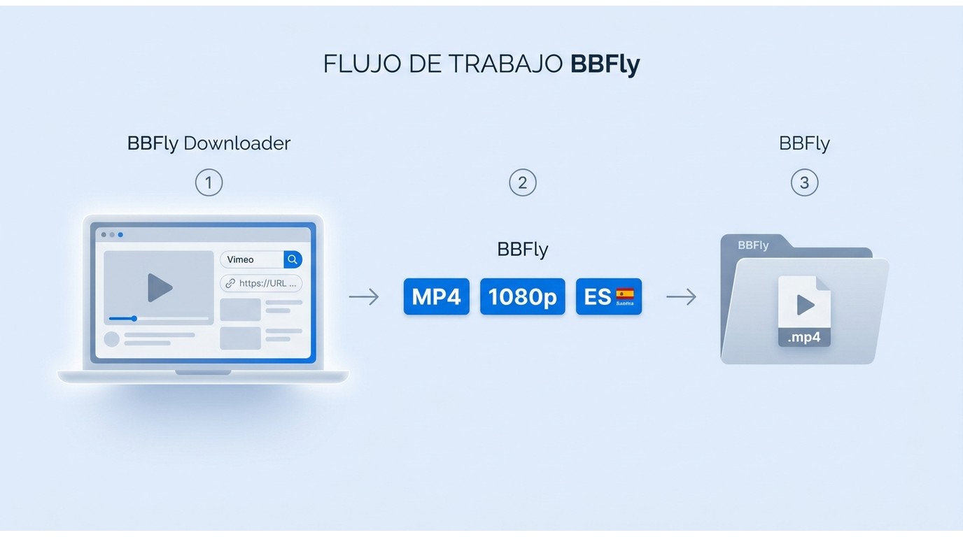 Flujo de descarga con BBFly: abrir Vimeo en la app, elegir formato MP4 y calidad 1080p, guardar arch