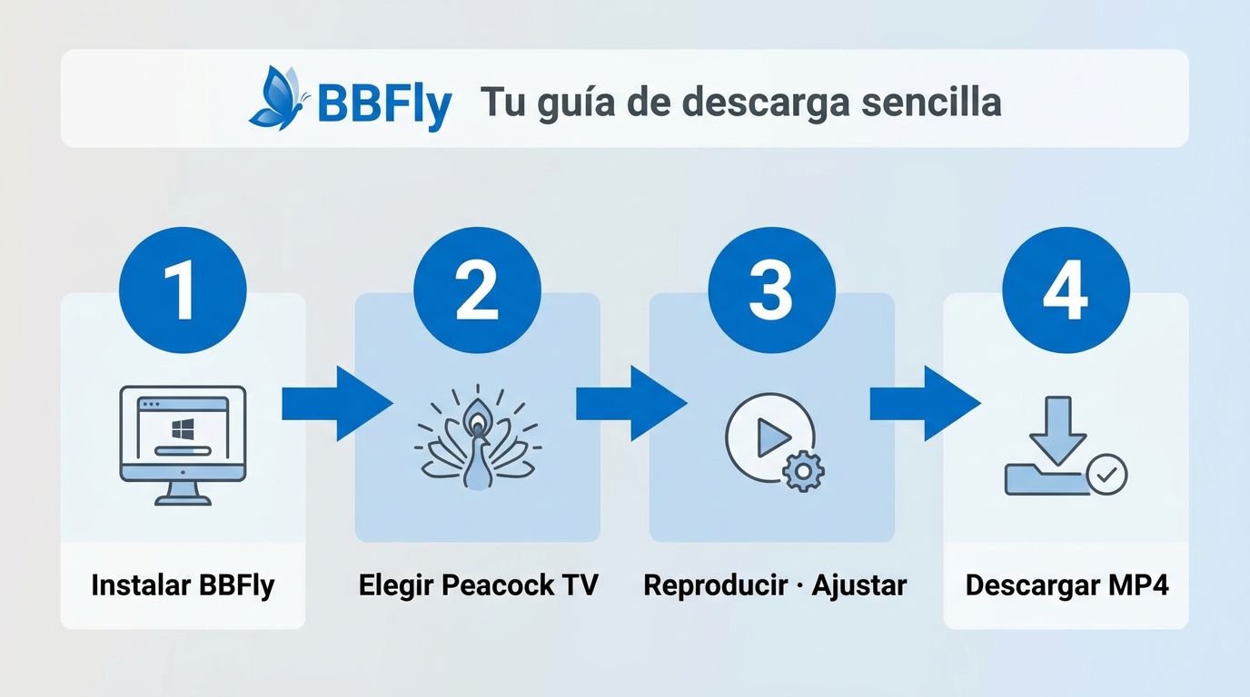 Flujo BBFly en 4 pasos: instalar, elegir Peacock TV, reproducir video, descargar archivo MP4