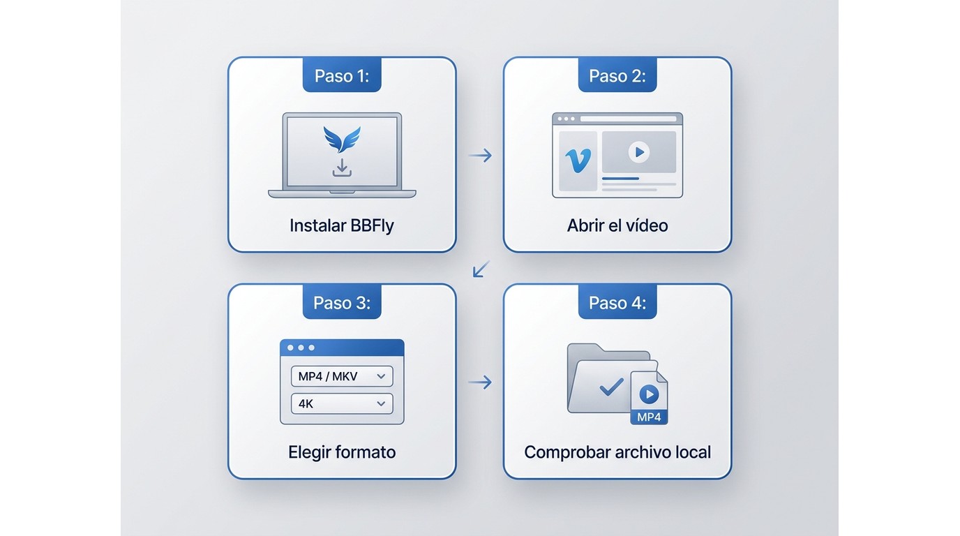 Flujo de 4 pasos con BBFly: instalar, abrir vídeo Univision, elegir formato MP4/4K, comprobar archiv