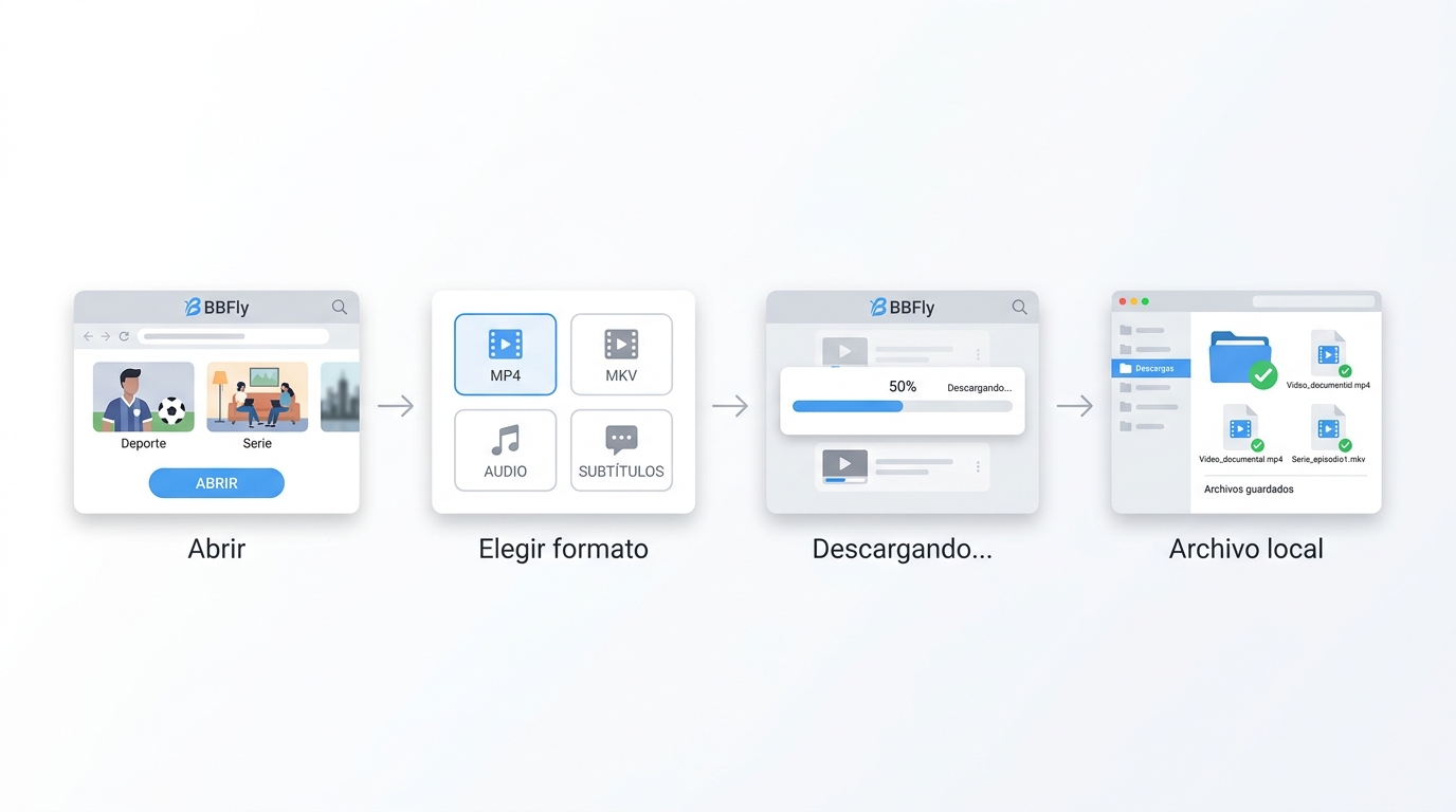 Flujo de 4 pasos de BBFly Downloader: abrir app, seleccionar formato MP4 o MKV, descargar y verifica