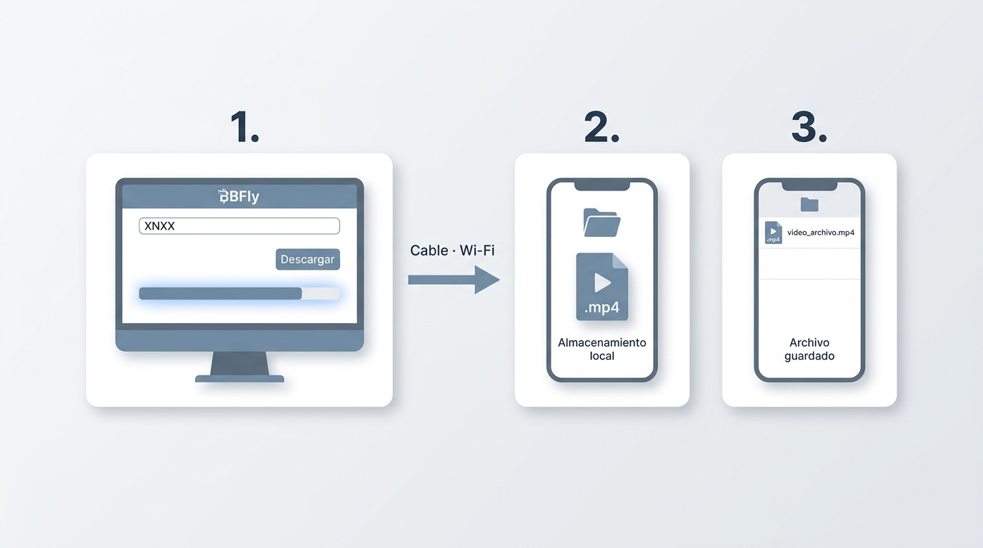Flujo en 3 pasos: BBFly descarga el vídeo de XNXX en PC y se transfiere el MP4 al móvil