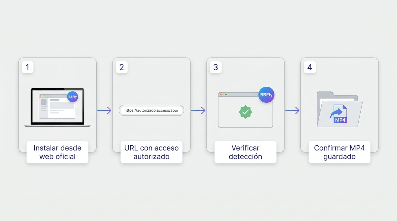 Flujo de 4 pasos para probar BBFly con Reality Kings: instalar, pegar URL, verificar detección, conf