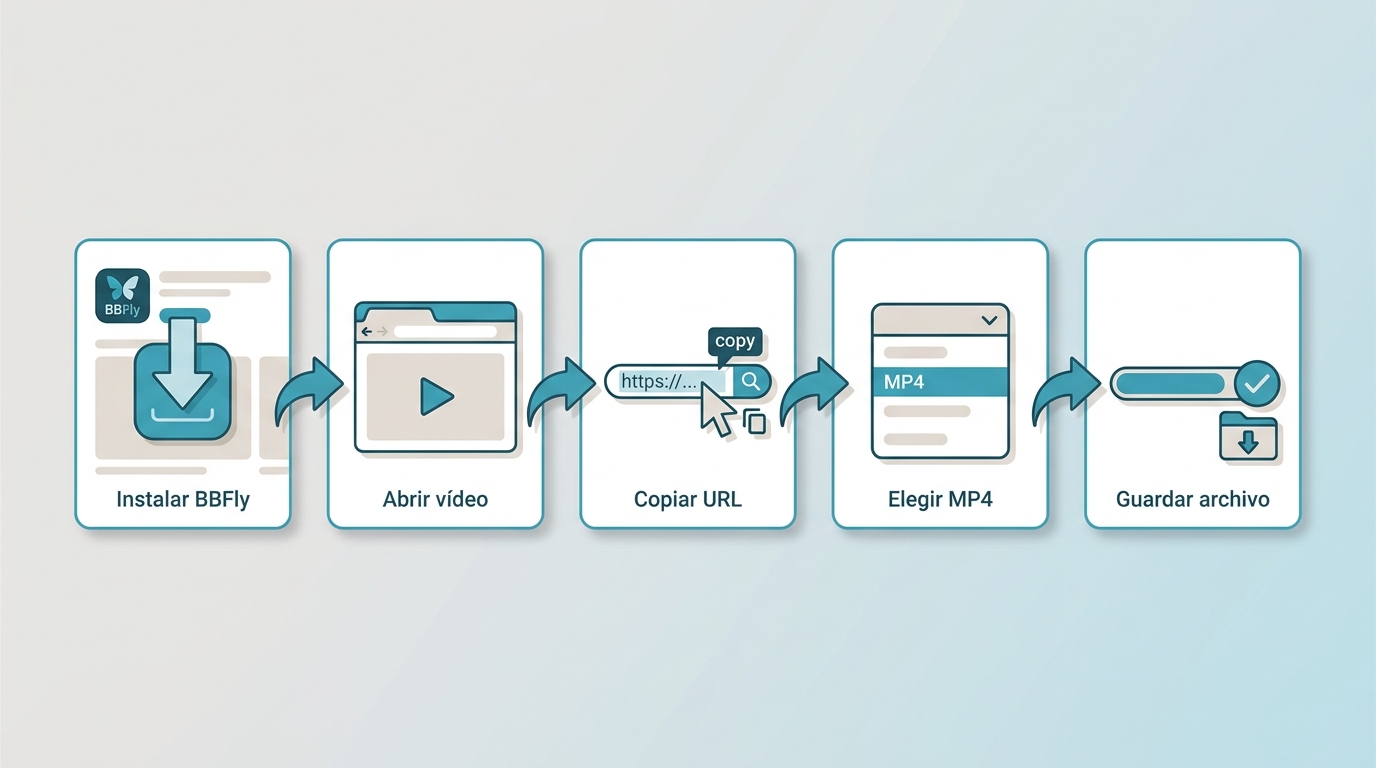 Cinco pasos para descargar con BBFly: instalar, acceder al vídeo, copiar URL, elegir MP4 y calidad, 