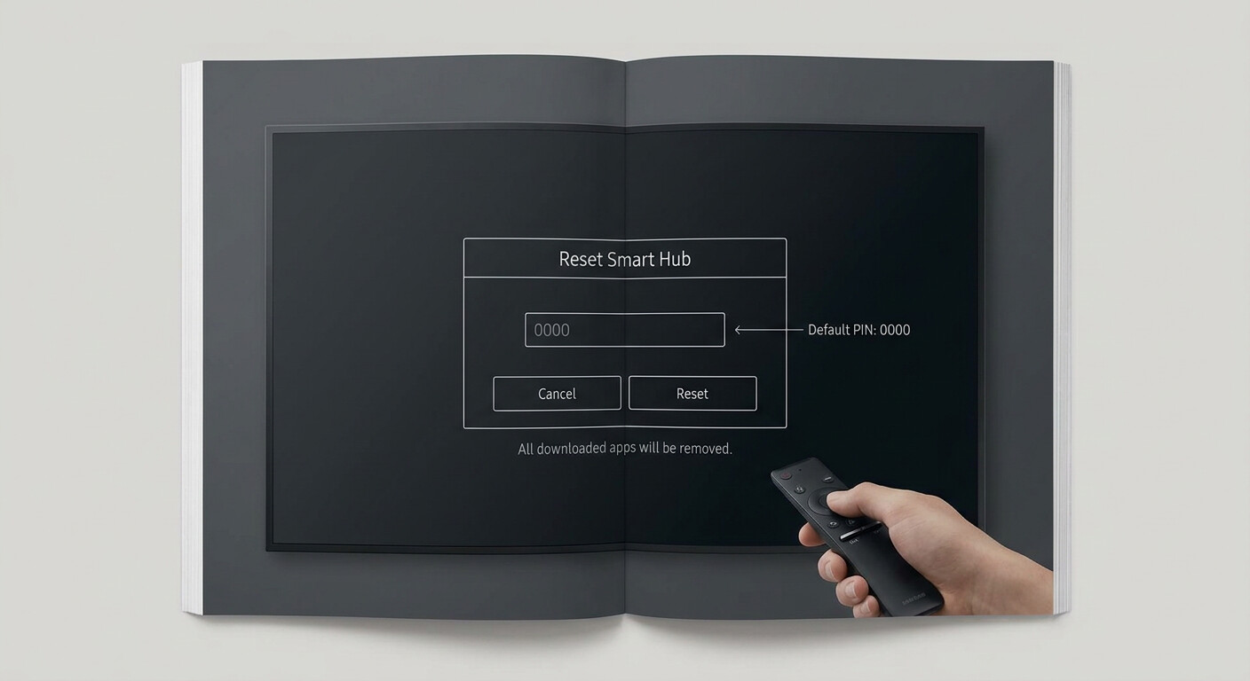 Samsung TV Reset Smart Hub confirmation dialog with PIN entry field showing default 0000