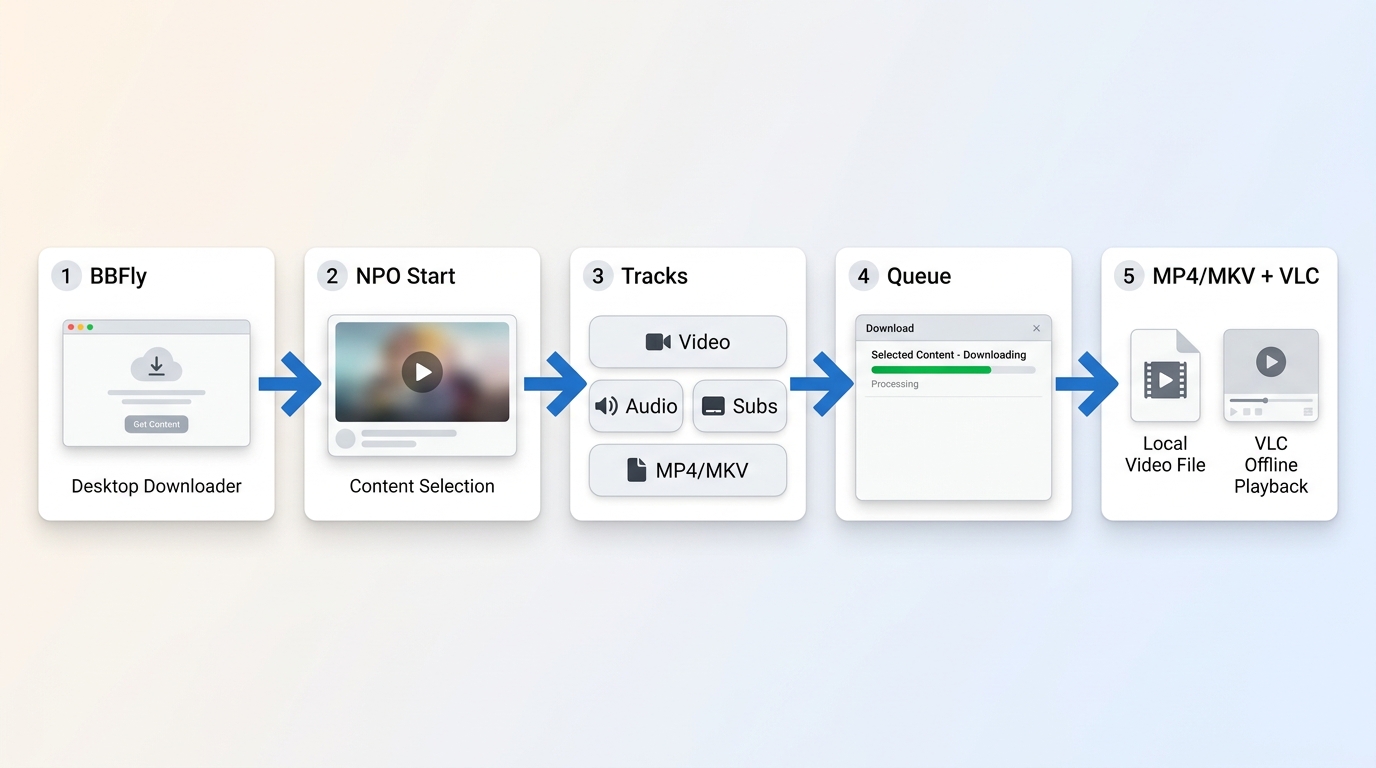 How BBFly saves an NPO Start video from title analysis to track selection, download queue, and local