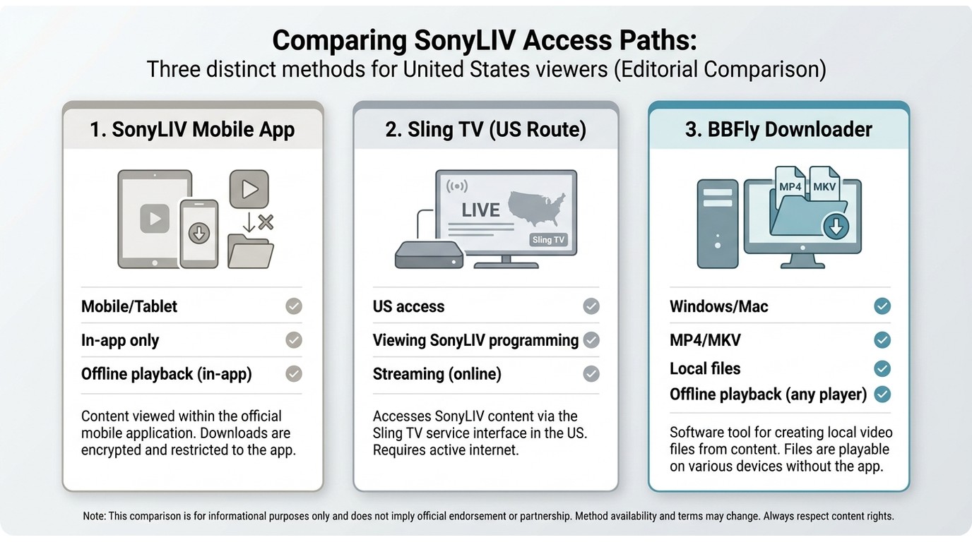 Comparison of SonyLIV app, Sling TV in the US, and BBFly for offline viewing or local files