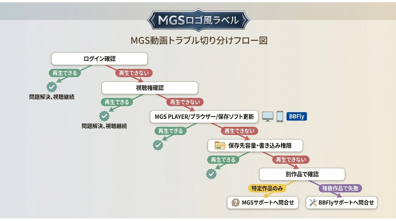 MGS動画が保存できない時の確認手順。ログインから保存先まで順番に切り分ける流れ