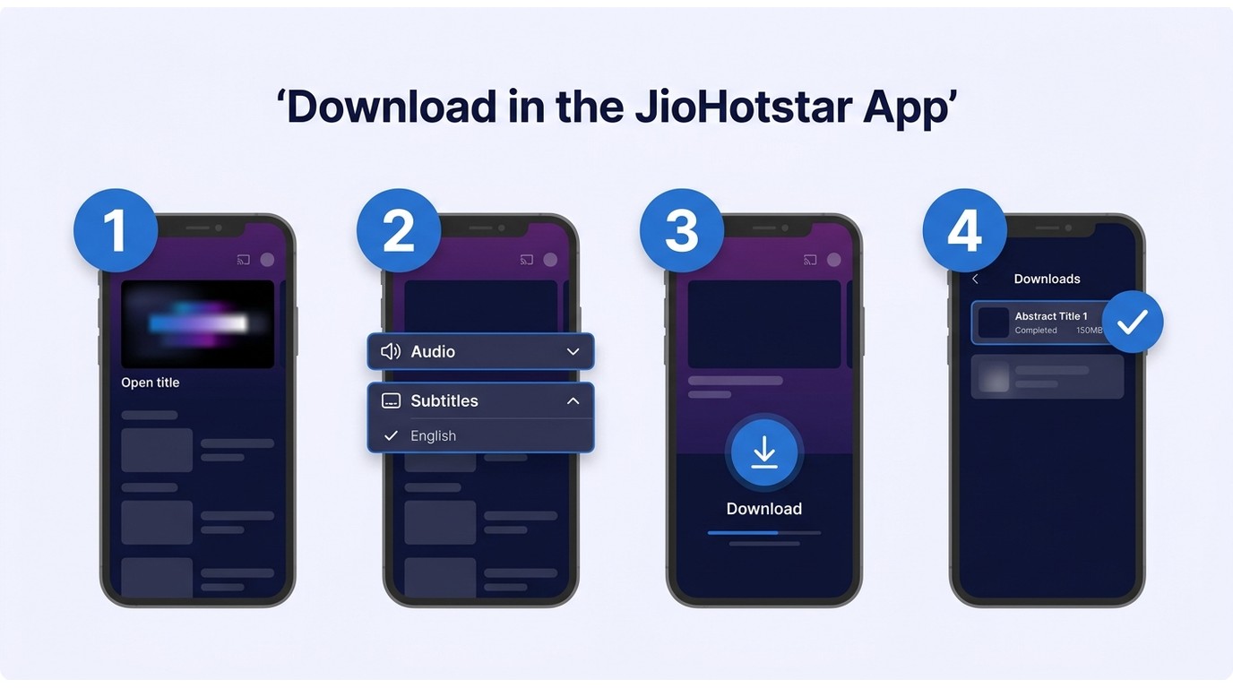JioHotstar app download steps: open title, set audio/subtitles, tap Download, find completed item in