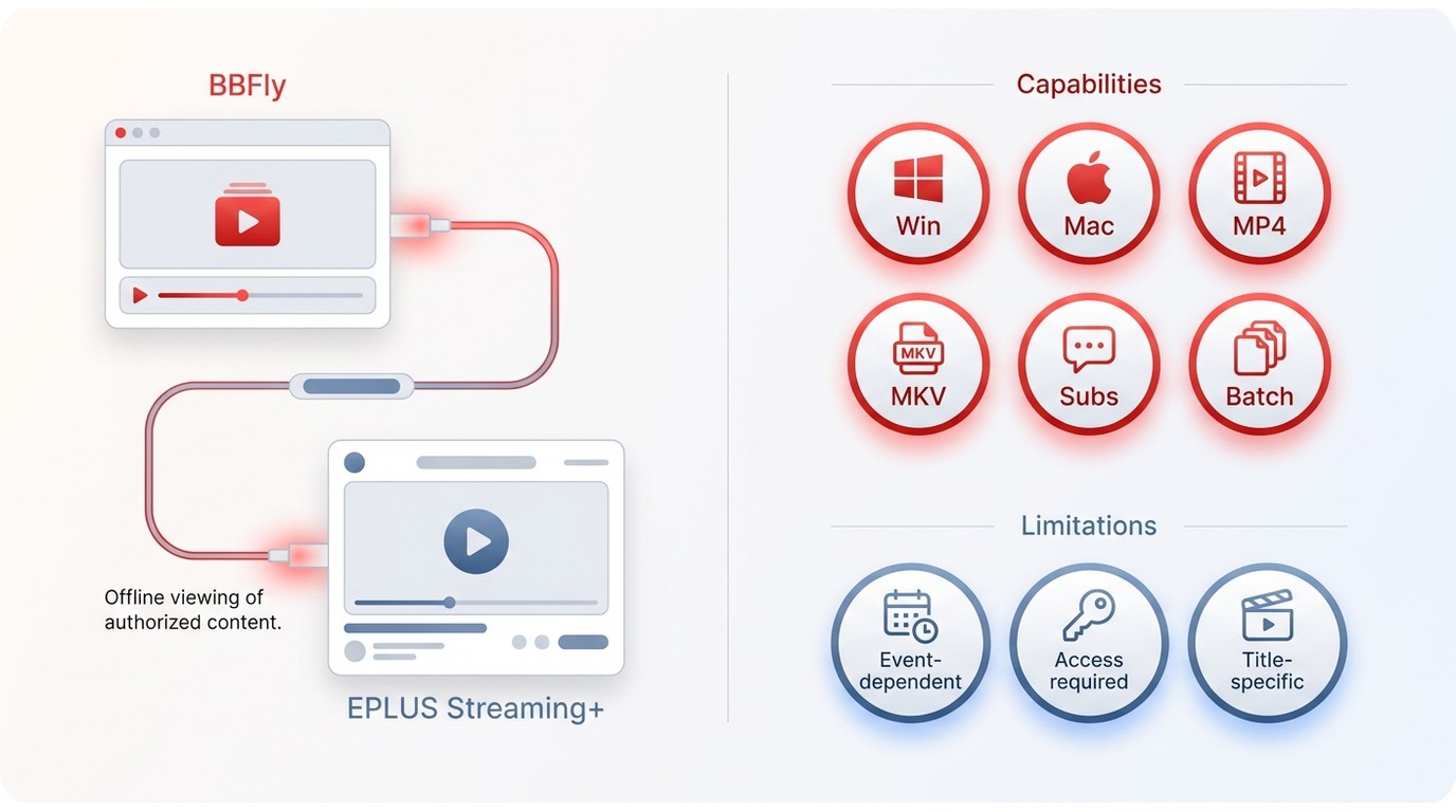 BBFly workflow for EPLUS with Windows and Mac support, MP4 or MKV output, and event-specific limits.
