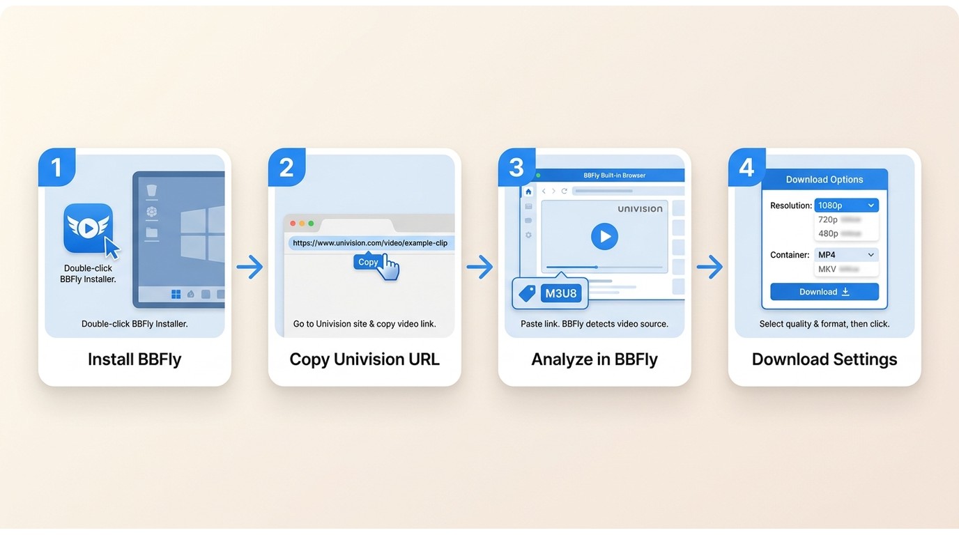 4-step BBFly workflow: install BBFly, copy Univision URL, detect M3U8 stream, download 1080p MP4 ad-