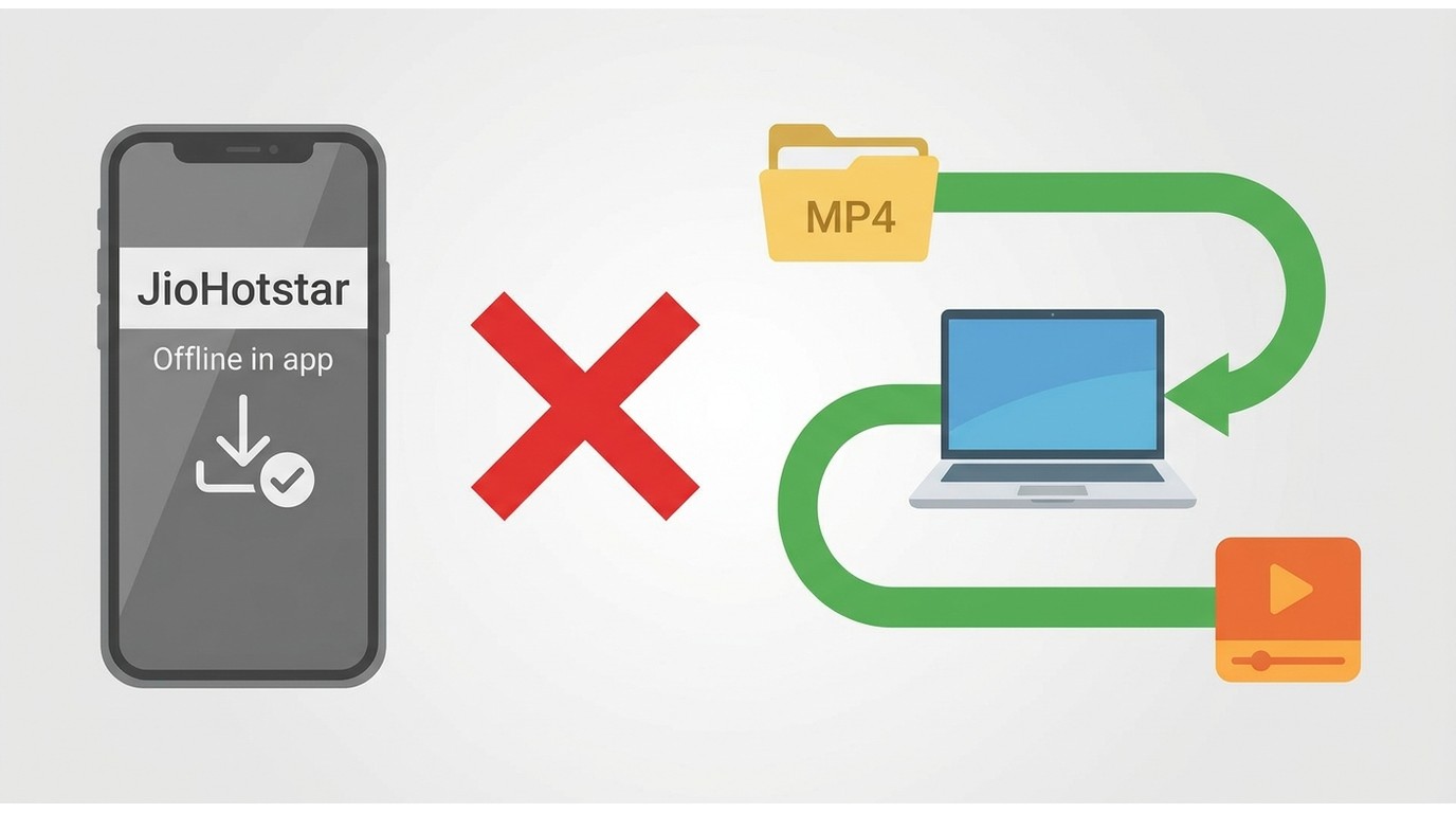 Comparison of JioHotstar app-only offline viewing versus transferable MP4 playback on PC
