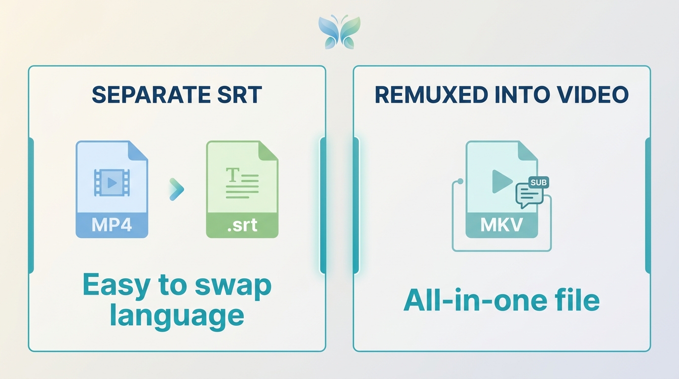 BBFly subtitle options: separate SRT file vs subtitles remuxed into MKV, showing file structure diff