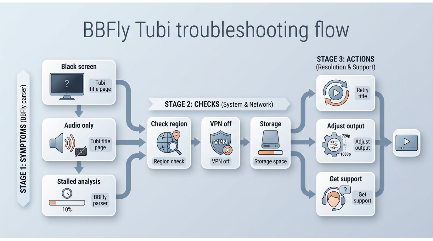 Troubleshooting flow for BBFly Tubi download issues like black screen, stalled analysis, region, VPN