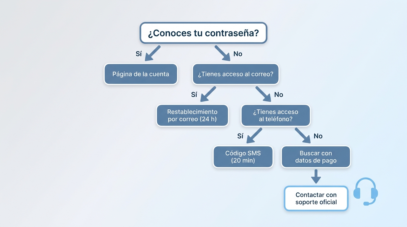Diagrama de decisión para elegir método de restablecimiento de contraseña Netflix según acceso dispo