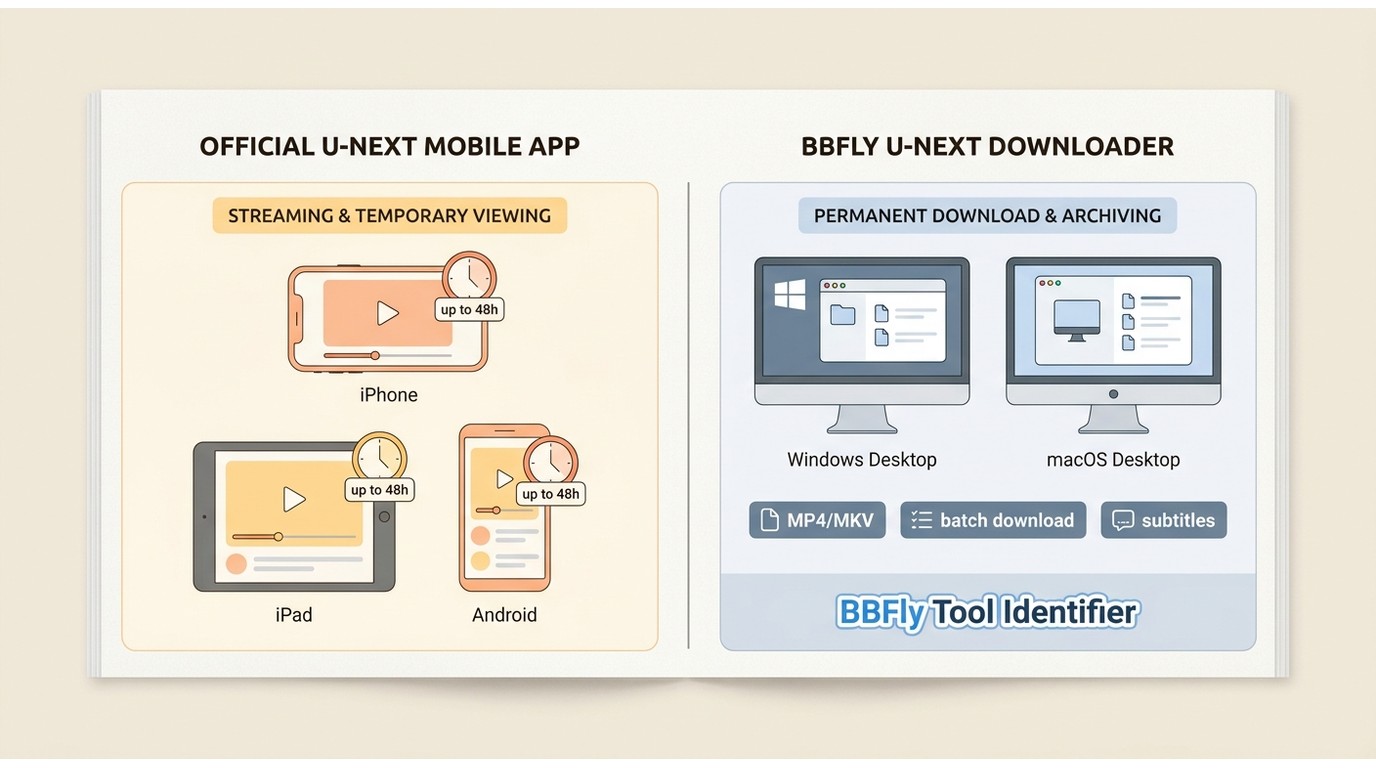 Comparison of U-NEXT mobile app limits and BBFly desktop options on Windows and Mac.