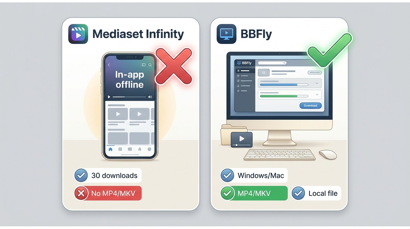 Comparison of Mediaset Infinity app downloads and BBFly desktop files, including MP4/MKV and 30-down