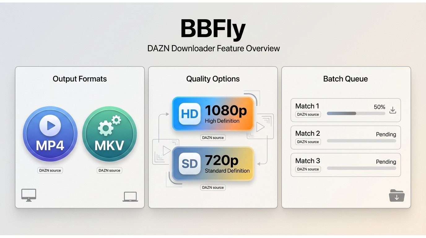 BBFly DAZN Downloader features including MP4 or MKV output, 1080p or 720p quality, and batch downloa