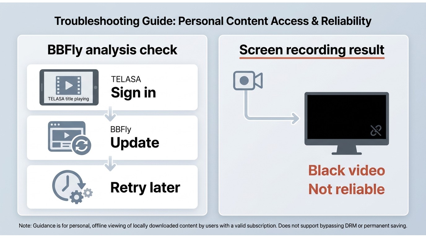 Troubleshooting flow for BBFly analysis failures and black-screen recording on TELASA.