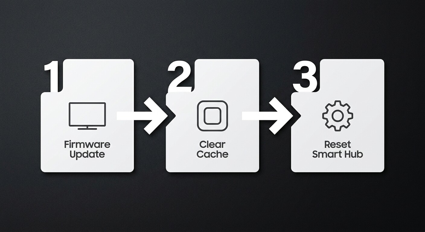 Three-step fix sequence for HBO Max black screen on Samsung TV: firmware update, cache clear, Smart