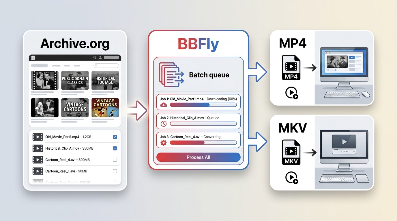 BBFly features for Archive.org workflows: batch downloads and MP4 or MKV output