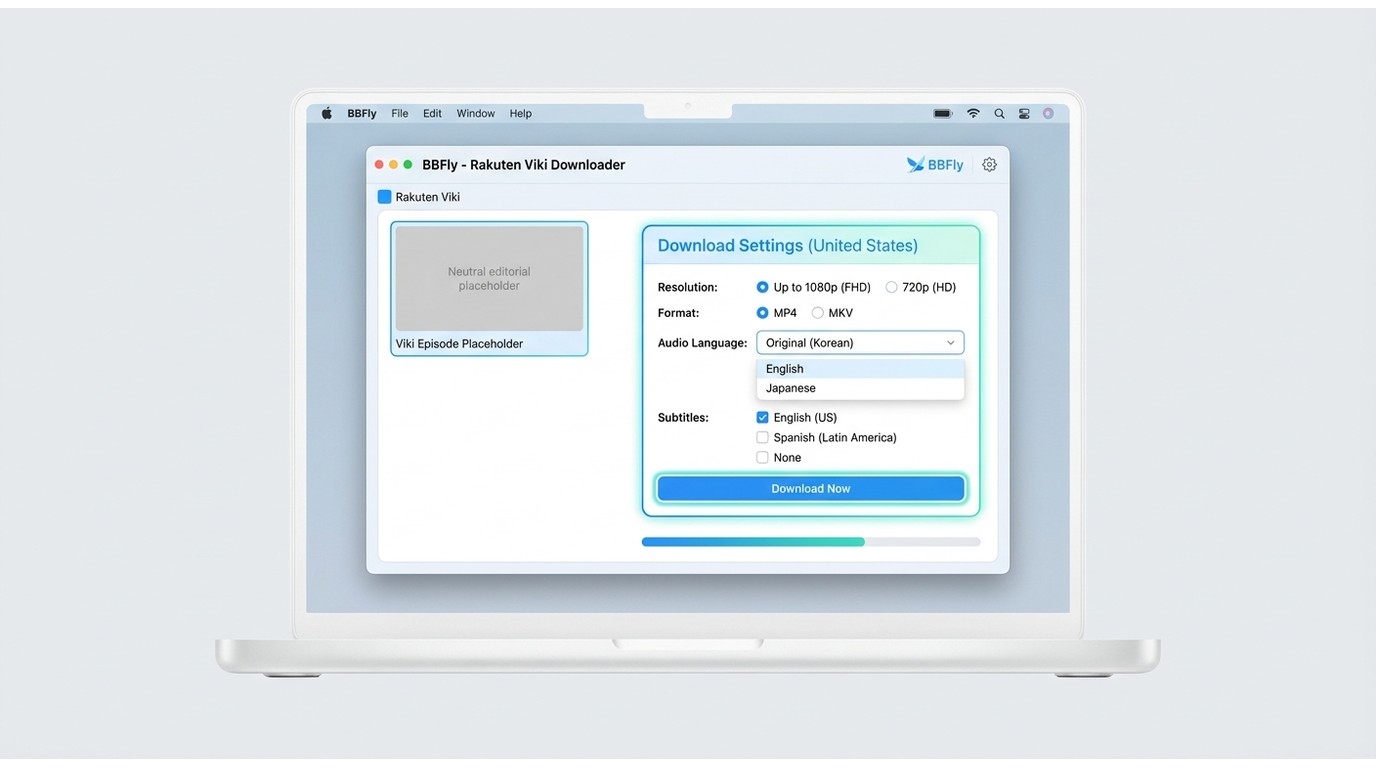 BBFly settings for a Viki download with format, resolution, audio, and subtitles.