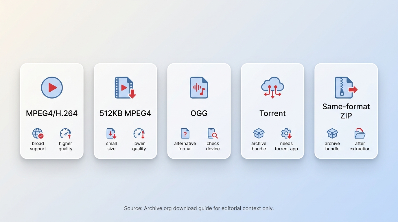 Comparison of Archive.org video formats including MPEG4, OGG, Torrent, and ZIP