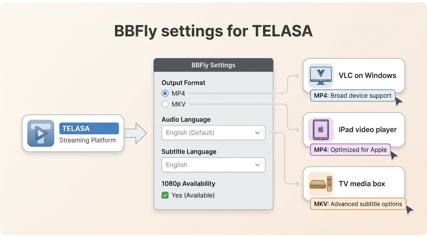 BBFly settings for TELASA showing MP4 or MKV, audio, subtitles, and playback targets.