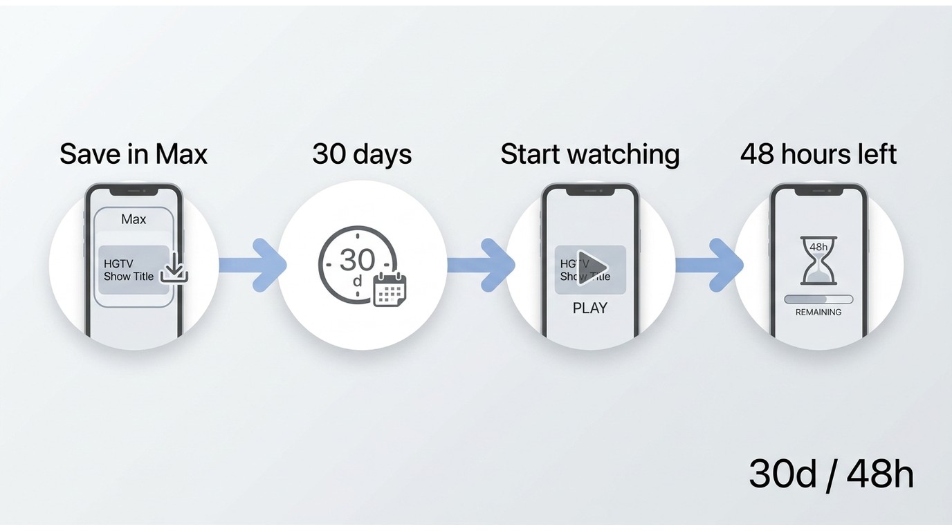 Max HGTV download timeline showing 30 days before watching and 48 hours after playback starts