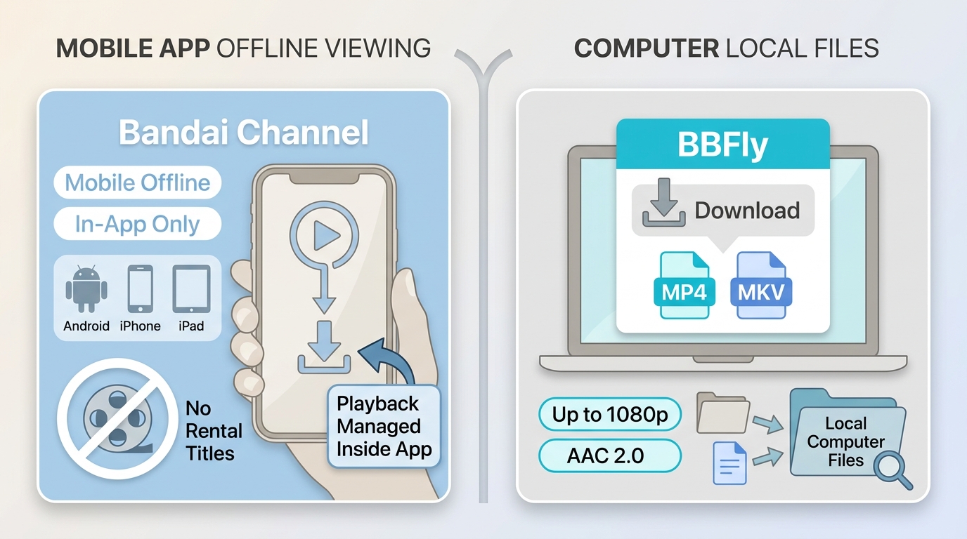 Comparison of Bandai Channel app offline viewing and BBFly desktop local-file downloads