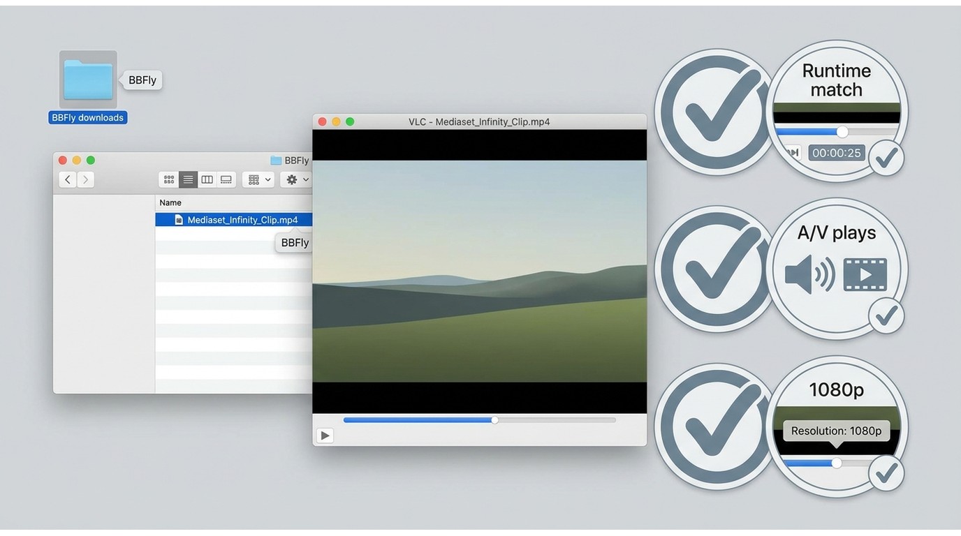 How to verify a BBFly-downloaded Mediaset Infinity file using runtime, playback, and resolution chec