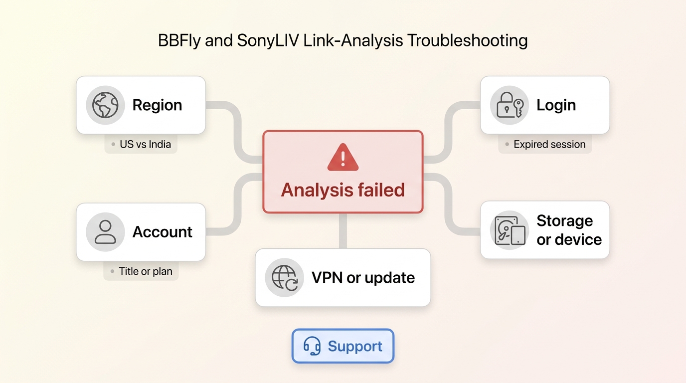 Troubleshooting SonyLIV link analysis failures in BBFly by checking region, account, login, storage,