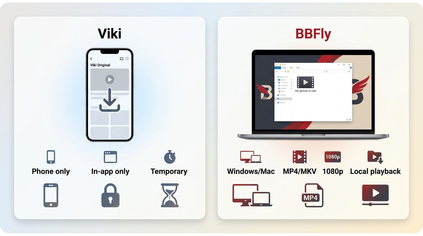 Comparison of Viki mobile downloads and BBFly desktop offline viewing on Windows or Mac.